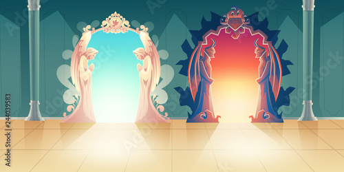 Heaven and hell gates cartoon vector with humbly praying angels and scary horned demons meeting guests at entrance illustration. Mystical portal to other side. Afterlife choice and death concept