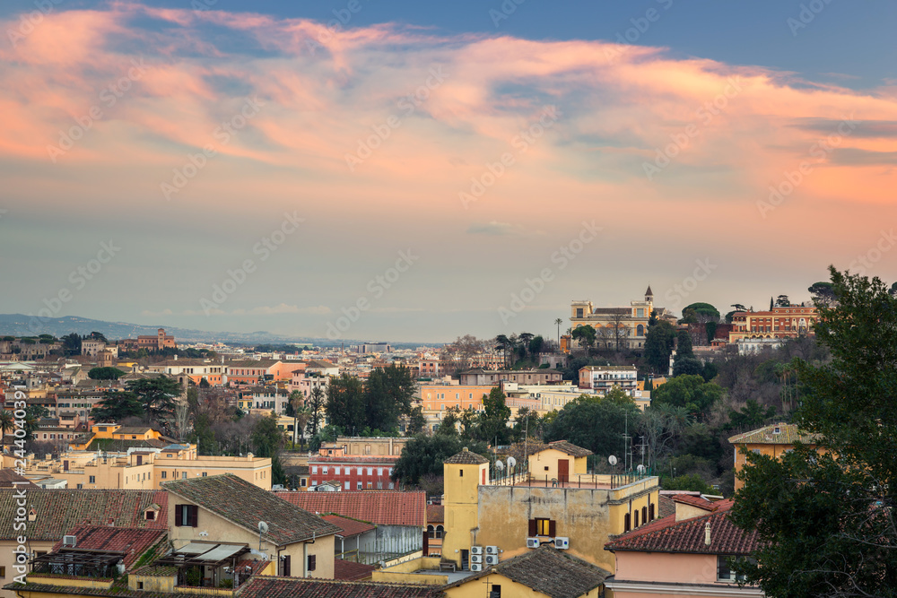 Panorama of Rome city at sunset with beautiful architecture, Italy