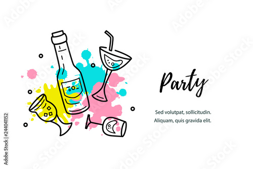 Vector illustration with cocktail glasses, bottle and paint splashes. Template for bar menu, party, alcohol drinks, holidays, flyer, web, poster, banner. Outline style vector illustration