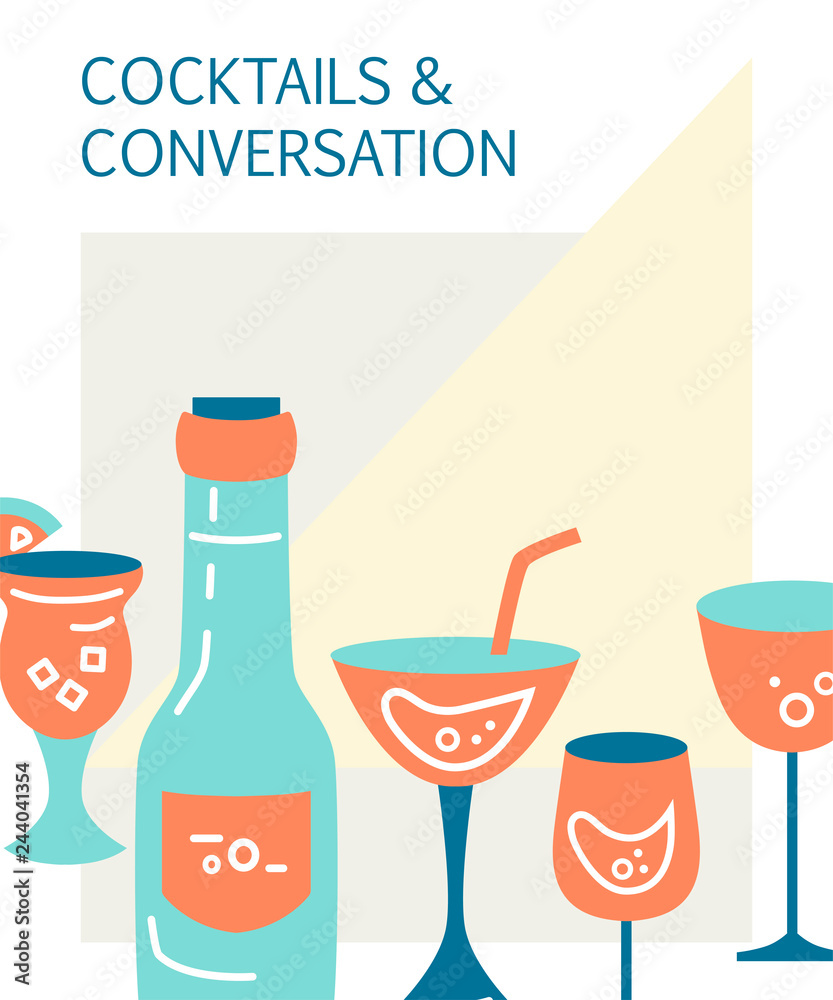 Vector illustration with cocktail glasses and bottle. Template for bar menu, party, alcohol drinks, holidays, flyer, brochure, poster, banner. Flat and outline style vector illustration.