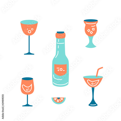 Set of cocktail and wine glasses and bottle. Flat style vector illustration.
