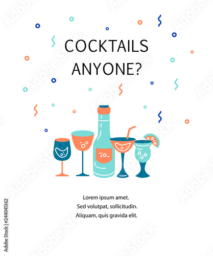 Vector illustration with cocktail glasses and bottle. Template for bar menu, party, alcohol drinks, holidays, flyer, brochure, poster, banner. Flat and outline style vector illustration.