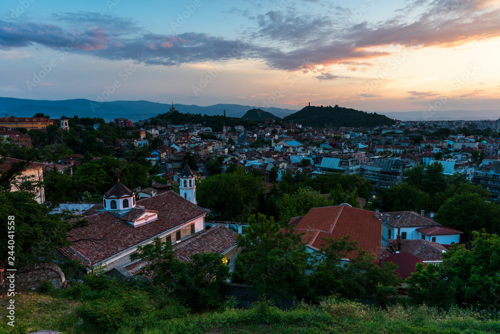 Sunset over Plovdiv city, european capital of culture 2019, Bulgaria