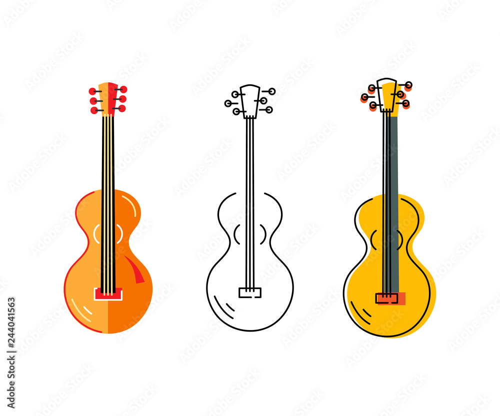 Naklejka premium Acoustic guitar logo set. Flat and outline style. Vector illustration