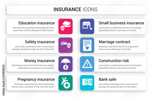 Set of 8 white insurance icons such as education insurance, safety money pregnancy small business marriage contract isolated on colorful background