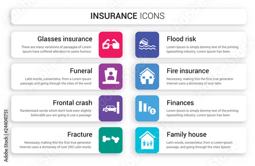 Set of 8 white insurance icons such as Glasses insurance, Funeral, Frontal crash, Fracture, Flood risk, Fire isolated on colorful background