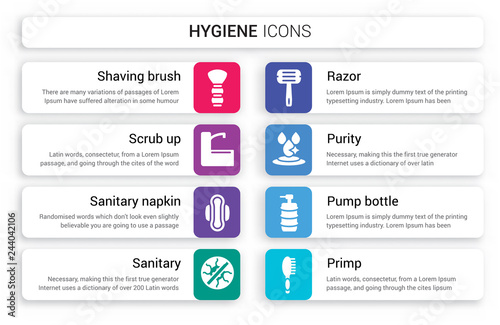Set of 8 white hygiene icons such as Shaving brush, scrub up, Sanitary napkin, Sanitary, Razor, purity isolated on colorful background