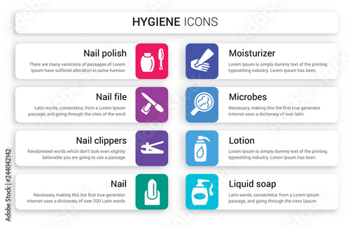 Set of 8 white hygiene icons such as Nail polish, file, clippers, Nail, Moisturizer, microbes isolated on colorful background