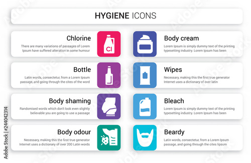 Set of 8 white hygiene icons such as Chlorine, Bottle, body shaming, odour, Cream, Wipes isolated on colorful background