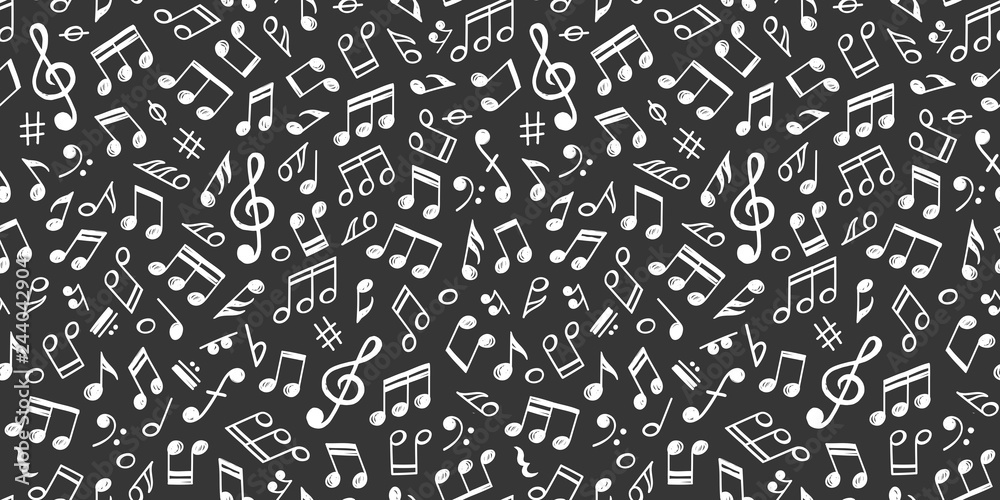 White music notes on black, seamless pattern White music notes on black, seamless pattern