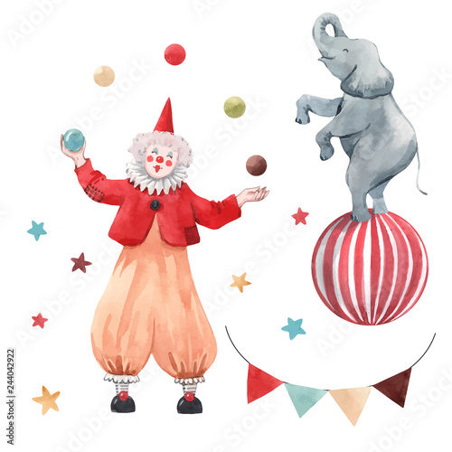 Watercolor circus clown vector set
