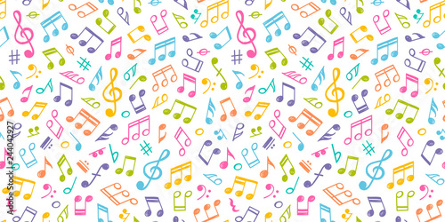 White musical Seamless Texture with colorful notes.