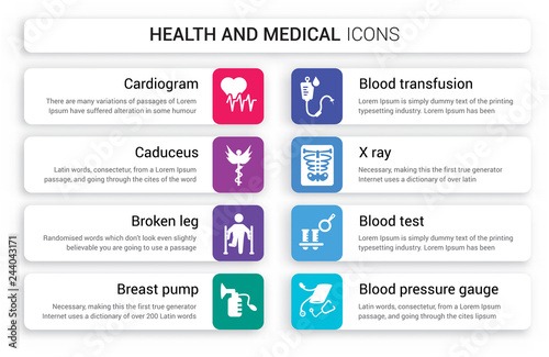Set of 8 white health and medical icons such as Cardiogram, Caduceus, Broken leg, Breast pump, Blood transfusion, X ray isolated on colorful background