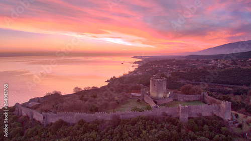 The castle of Platamonas, medieval fortress of south macedonia, aerial view during sunrise