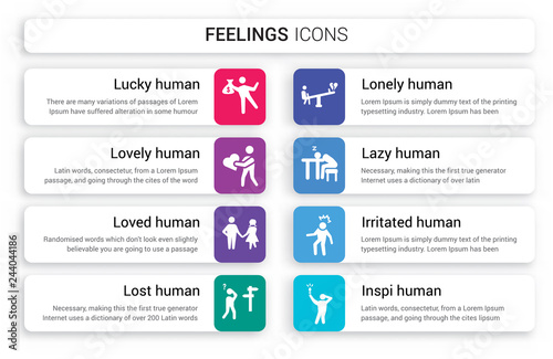 Set of 8 white feelings icons such as lucky human, lovely loved lost lonely lazy human isolated on colorful background