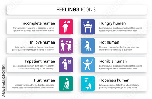 Set of 8 white feelings icons such as incomplete human, in love impatient hurt hungry hot human isolated on colorful background