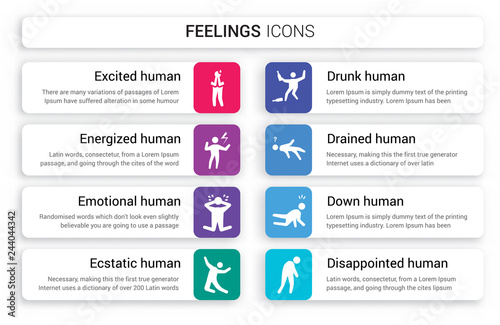 Set of 8 white feelings icons such as excited human, energized emotional ecstatic drunk drained human isolated on colorful background