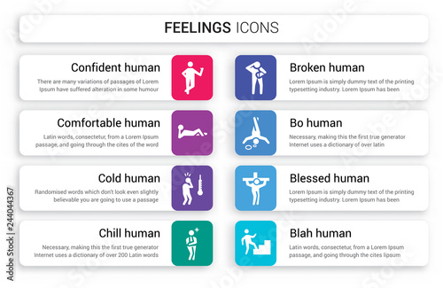 Set of 8 white feelings icons such as confident human, comfortable cold chill broken bo human isolated on colorful background