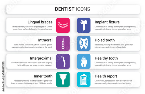 Set of 8 white dentist icons such as Lingual braces, Intraoral, Interproximal, Inner Tooth, Implant Fixture, Holed Tooth isolated on colorful background