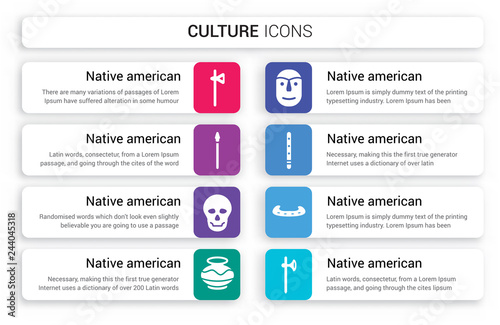 Set of 8 white culture icons such as Native American Tomahawk, Spear, Skull, Pot isolated on colorful background