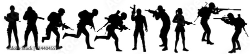 Silhouettes of the military  a large collection. Computer games concept. Set of people in uniform with a weapon. Special force. Silhouettes set