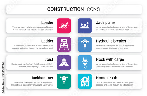 Set of 8 white construction icons such as Loader, Ladder, Joist, Jackhammer, Jack plane, Hydraulic breaker isolated on colorful background