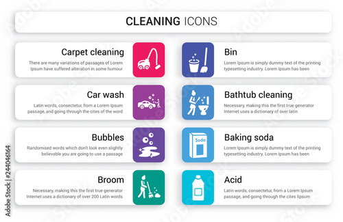 Set of 8 white cleaning icons such as Carpet cleaning, Car wash, Bubbles, Broom, Bin, Bathtub isolated on colorful background