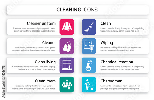 Set of 8 white cleaning icons such as Cleaner Uniform, Cleaner, clean-living, Clean Room, Clean, Wiping isolated on colorful background