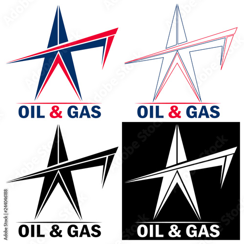 Emblem oil rig for oil and gas production industry. Flat line vector design.
