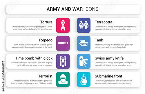 Set of 8 white army and war icons such as torture, Torpedo, Time Bomb with Clock, Terrorist, Terracotta, Tank isolated on colorful background