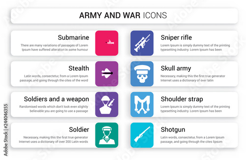 Set of 8 white army and war icons such as Submarine, stealth, Soldiers a weapon, Soldier, Sniper Rifle, Skull Army isolated on colorful background