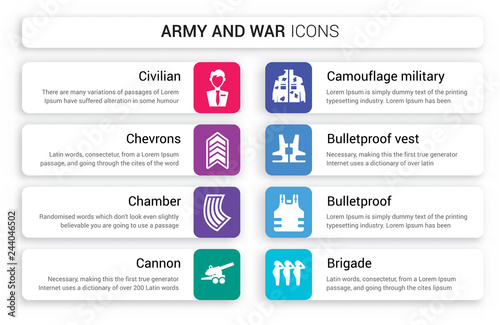 Set of 8 white army and war icons such as civilian, chevrons, Chamber, Cannon, Camouflage military clothing, Bulletproof Vest isolated on colorful background