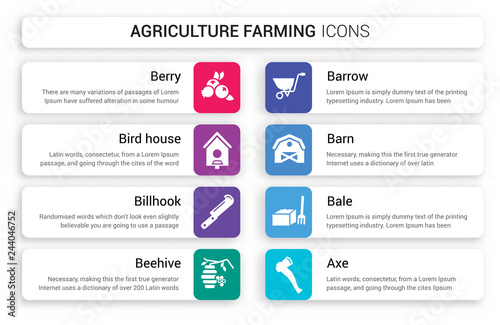 Εκτύπωση καμβά Set of 8 white agriculture farming icons such as berry, Bird house, Billhook, Be