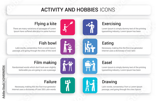 Set of 8 white activity and hobbies icons such as flying a kite, Fish bowl, Film making, Failure, Exercising, Eating isolated on colorful background