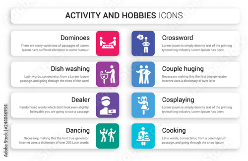 Set of 8 white activity and hobbies icons such as Dominoes, Dish Washing, Dealer, Dancing, Crossword, Couple Huging isolated on colorful background