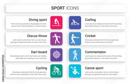 Set of 8 white sport icons such as Diving sport, discus throw, Dart board, Cycling, Curling, Cricket isolated on colorful background