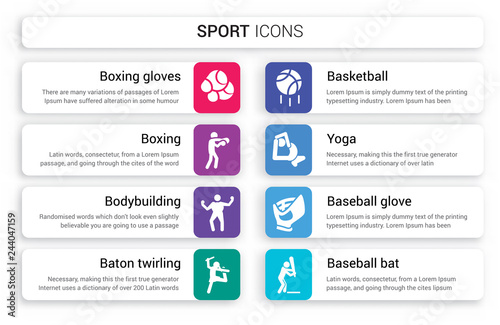 Set of 8 white sport icons such as Boxing gloves, Boxing, bodybuilding, baton twirling, Basketball, Yoga isolated on colorful background