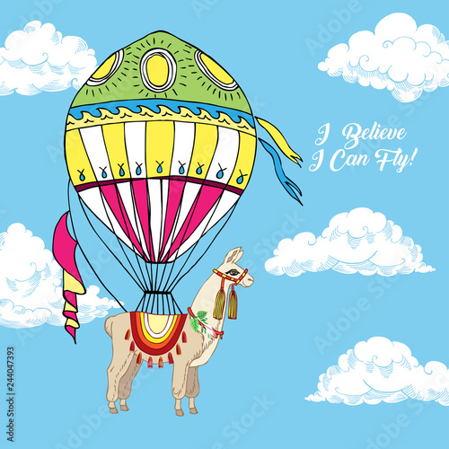  Llamas with air balloon. Hand drawn animals sketches