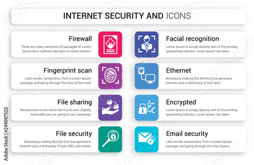 Set of 8 white internet security and icons such as Firewall, Fingerprint scan, File sharing, security, Facial recognition, Ethernet isolated on colorful background