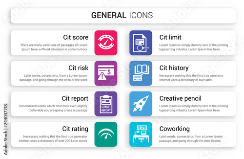 Set of 8 white general icons such as cit score, risk, report, rating, limit, history isolated on colorful background