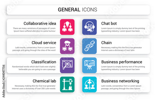 Set of 8 white general icons such as collaborative idea, cloud service, classification, chemical lab, chat bot, chain isolated on colorful background