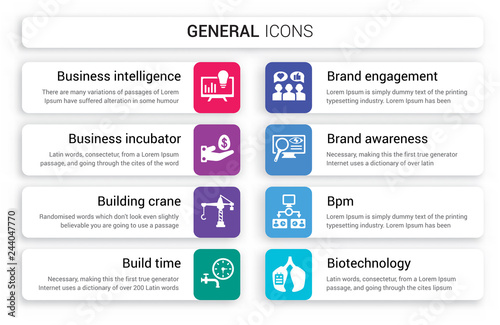 Set of 8 white general icons such as business intelligence, incubator, building crane, build time, brand engagement, awareness isolated on colorful background