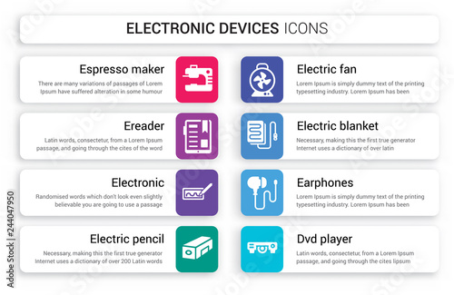 Set of 8 white electronic devices icons such as espresso maker, Ereader, electronic, electric pencil sharpener, fan, blanket isolated on colorful background