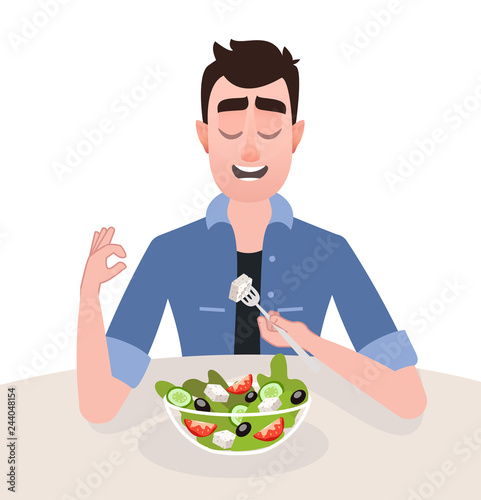 Man vegetarian is eating a greek salad. The concept isokated illustration of healthy lifestyle and proper nutrition. Cartoon character in jeans clothes flat style - Vector