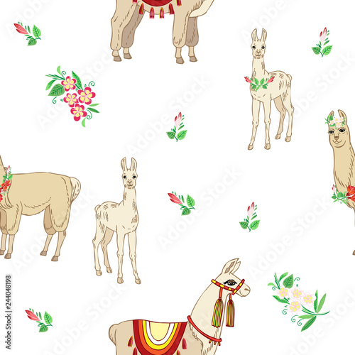  Llamas with flowers. Hand drawn seamless pattern