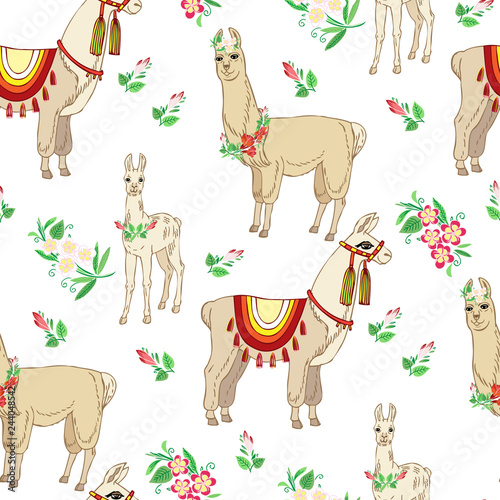  Llamas with flowers. Hand drawn seamless pattern