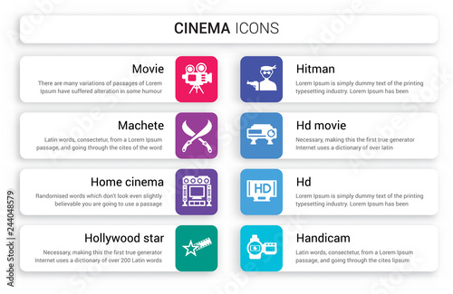 Set of 8 white cinema icons such as Movie, machete, home cinema, Hollywood Star, hitman, HD Movie isolated on colorful background