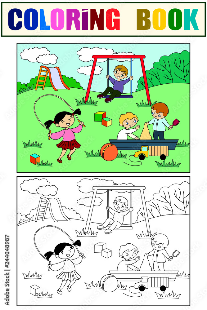 Childrens playground. Color and black and white coloring.