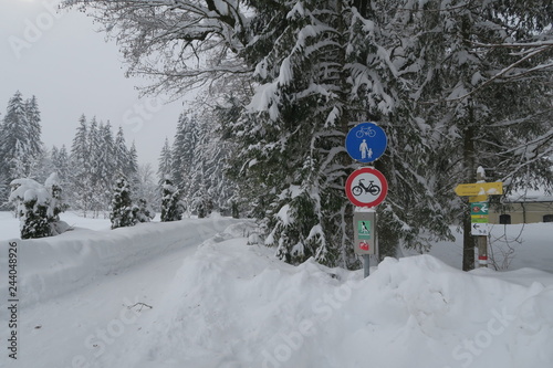 viel Schnee mit Weg im Wald Schild Fußweg Radweg 