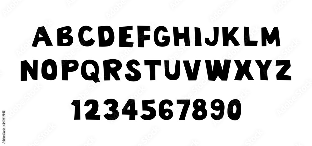 Black of comical font and alphabet. Isolated on White background